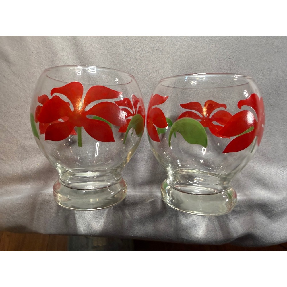 Vintage Red Poinsettia Footed Juice Glasses Set of 2 Christmas Floral Tumblers